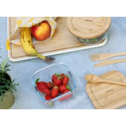 Conservation*PEBBLY Boîte de Conservation en Verre et Bambou Carré 520 ml