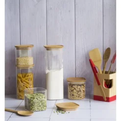 Conservation*PEBBLY Boîte de Conservation en Verre et Bambou Carré 1,4 L