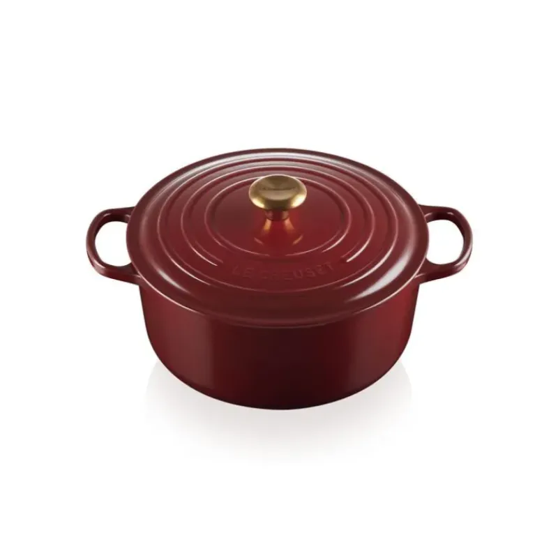 Cocotte En Fonte*LE CREUSET Cocotte en Fonte Ronde 28 cm Garnet Bouton Doré Signature