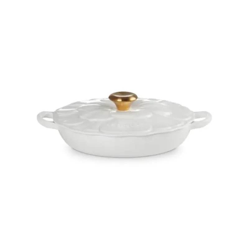 Faitout*LE CREUSET Faitout Fonte Émaillée Pétales Blanc avec Bouton Doré 26 cm