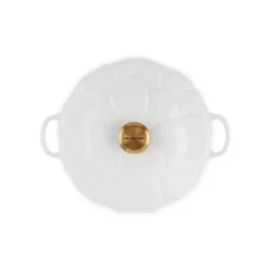 Faitout*LE CREUSET Faitout Fonte Émaillée Pétales Blanc avec Bouton Doré 26 cm