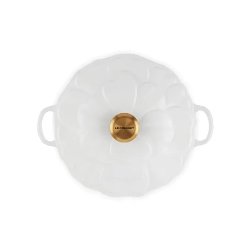 Faitout*LE CREUSET Faitout Fonte Émaillée Pétales Blanc avec Bouton Doré 26 cm