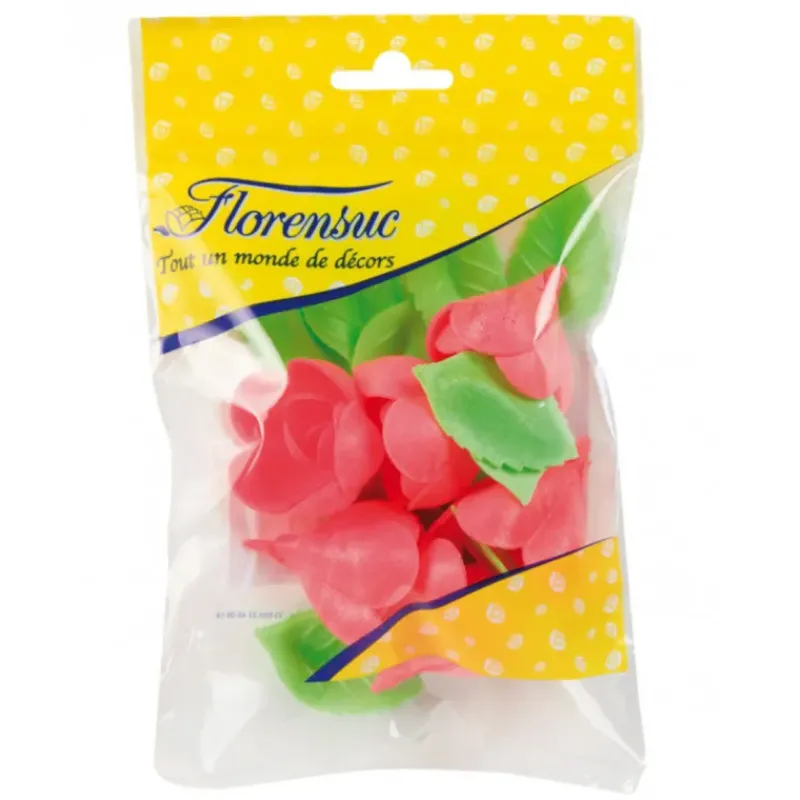 Décoration Comestible*FLORENSUC Fleurs de rose carmin x6, grandes feuilles x12 - en Azyme