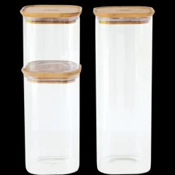 Conservation*PEBBLY Lot de 3 Boîtes de Conservation en Verre Carrée Couvercle Bambou