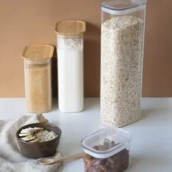 Conservation*PEBBLY Lot de 3 Boîtes de Conservation en Verre Carrée Couvercle Bambou